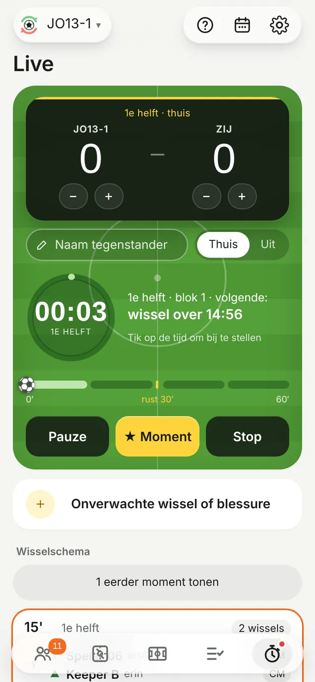 The Live screen of voetbal.wissel
